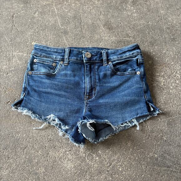 American Eagle Cut Off Denim Jean Shorts Size 2 Blue High Waist Dark Stretch 2" - Picture 1 of 9